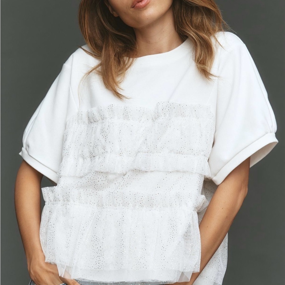 NWT - Maeve Short Sleeve White Ruffle Mesh Detail Top - Medium
